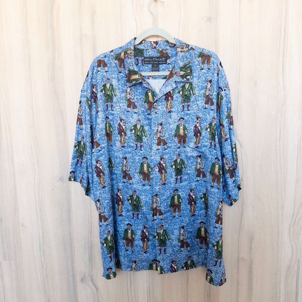 VTG Guy Buffett Mens Silk Shirt Size XL Blue Golf Novelty Short Sleeve Old Money